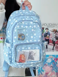 Detailed view of sweet Japanese style star print ita bag with clear window and cute badges.