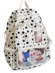 White star pattern ita bag backpack with clear front pocket for anime pins and cards.