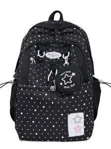 Black star pattern student school book backpack with mini pouch and front clear pocket.