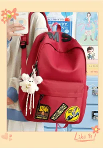 Korean style minimalist large capacity red canvas backpack with cute plush pendant and patches.