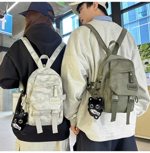 Casual couple backpack lightweight nylon camo daypack with cute cat pendant for college students
