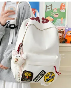 Casual white canvas backpack for students, large capacity stylish school book bag with bear.