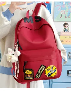 Korean style minimalist large capacity student school backpack with cute patches and pendant