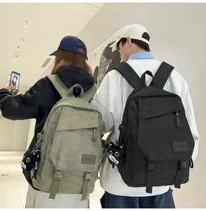Casual canvas backpack couple travel daypack with cute cat pendant lightweight rucksack