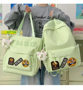 Light green canvas backpack and tote bag set, large capacity student schoolbag and casual bag.