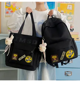 Korean style black canvas backpack and tote bag set with large capacity and cute patches.