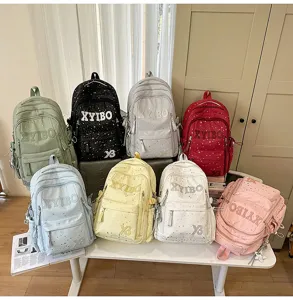 Multi-color school backpack with star pattern and spacious compartments, detailed view.