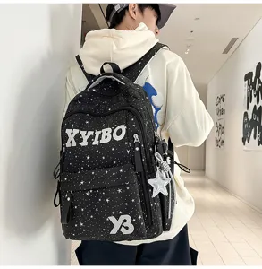 Large capacity starry school backpack for students, casual unisex bookbag with multiple pockets.