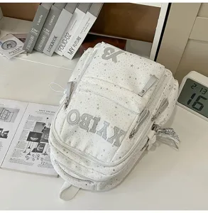 White star print school backpack for students, large capacity casual daypack for teens.
