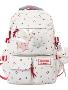 Cute white star printed school backpack with clear window pocket and plush star charms for students.