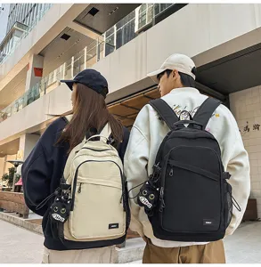 Urban outdoor lifestyle detail shot of casual minimalist commuter backpacks worn by models.