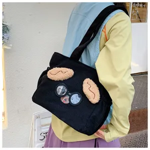 Cute black corduroy tote bag with funny cartoon design, perfect casual lunch handbag for women.