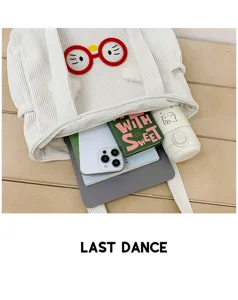 Japanese style cute cartoon corduroy lunch tote bag detail showing large capacity storage.
