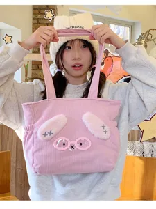 Japanese Cute Cartoon Corduroy Lunch Bag Women Portable Bento Bag Tote Handbag Student Meal Storage Pouch