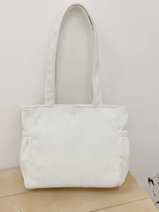 White corduroy lunch tote bag, casual handbag for women daily use and bento box storage.