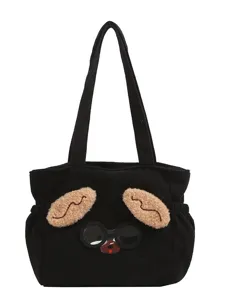 Cute cartoon black corduroy lunch bag for women, Japanese style bento tote handbag main view