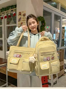 Korean style student backpack set, cute canvas tote bag and school bag, light yellow.