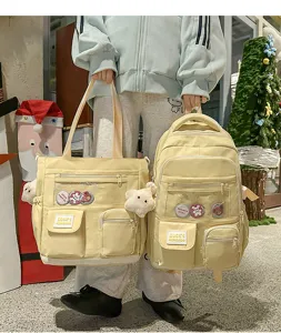Korean style cute yellow student backpack and tote bag two piece set for campus daily use.