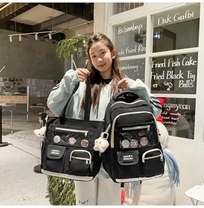 Korean style student canvas backpack and tote bag set with clear window for school daily use.