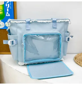 Light blue ita bag for anime fans with clear PVC window cute lace and multi pockets.