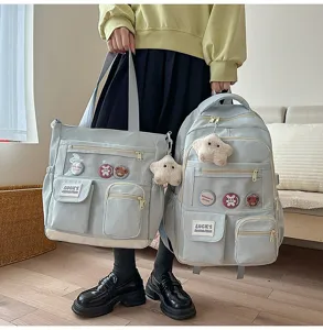 Korean style student school bag set, cute canvas backpack and tote bag with multi pockets.