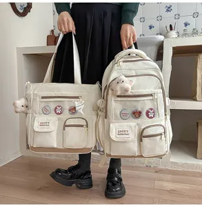 Canvas backpack and tote bag set for students, stylish daily casual multi-pocket design.