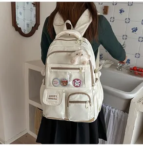 Korean style canvas backpack multi-pocket school bag with cute star plush pendant and badges