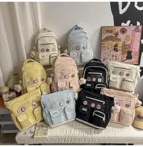 Korean style cute student school backpack set, multi-pocket canvas daypack for teens.