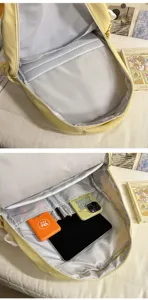 Korean style student backpack interior detail view featuring multiple practical storage compartments.