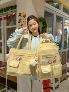 Korean Style School Backpack Set Casual Nylon Bookbag Multi Pocket Schoolbag Lightweight Teenager Student Daypack