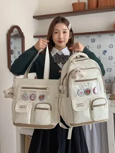 Korean style canvas student school backpack and tote bag set in beige with clear pockets.