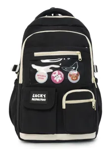 Black school backpack for students, stylish casual daypack with transparent front pocket.