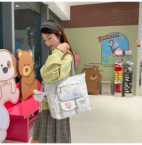 Japanese style sweet star print ita bag with transparent pocket, cute multi-pocket daily backpack.