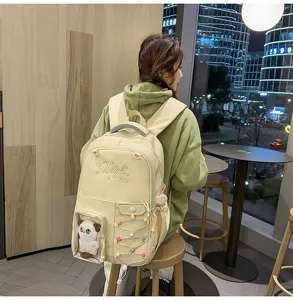 Cute dopamine transparent pocket school backpack with colorful beaded cord design for girls.