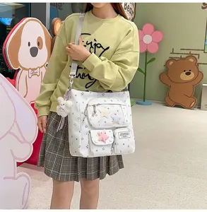 Japanese style white star print itabag canvas shoulder messenger bag with multi pockets for students
