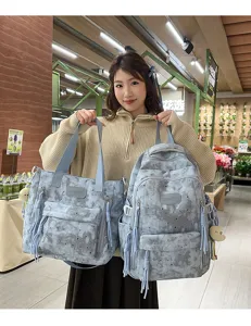 Korean style blue star print canvas school backpack and tote bag set for daily students use