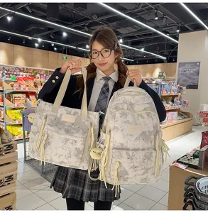 Japanese style starry print backpack and tote bag set for students, casual daily use with pendant.