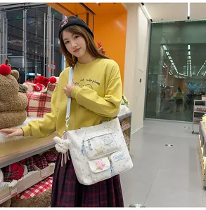 Japanese style sweet ita bag with transparent pockets and star prints, lightweight shoulder bag.