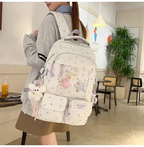 Japanese style star print ita backpack with clear window and cute plush pendant detail for daily use