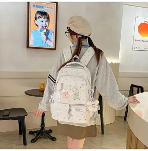 Japanese ins style sweet star pattern backpack with transparent pocket and cute pendant for daily use.