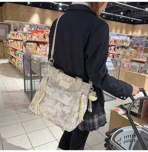 Canvas shoulder bag for women, Japanese style star moon print daily tote bag detail view