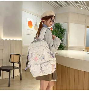 Sweet star print ita backpack detail shot, transparent front pocket and plush pendant.