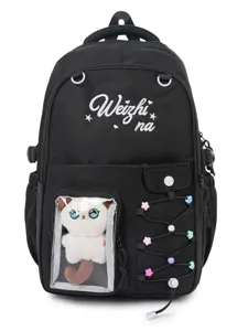 Black canvas backpack cute pain bag with transparent window plush cat and colorful beads.
