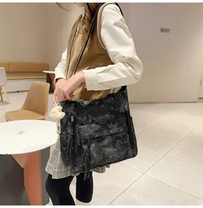 Japanese style starry night black shoulder tote bag with front pocket and cute moon plush charm
