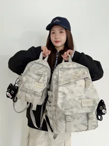 Multifunctional Lightweight Dark Camouflage Backpack For Students Casual Travel Daypack With Cat Pendant