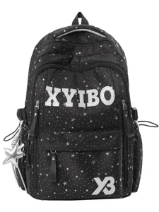 Stylish black star print canvas backpack for school students and travel, large capacity daypack.