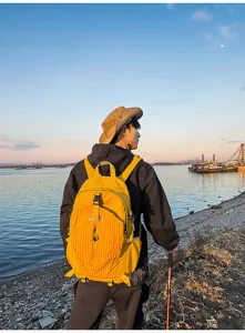 Outdoor travel backpack detail view, large capacity and water-repellent design for hiking.