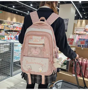 Pink polka dot ita backpack sweet Japanese school bag with clear mesh window for teens.