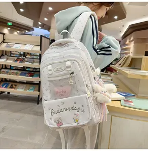 Detailed view of a sweet Japanese style school backpack with cute prints and transparent grid.