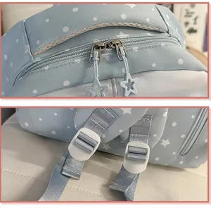 Detailed view of the sweet light blue star and dot pattern school backpack zipper and strap.